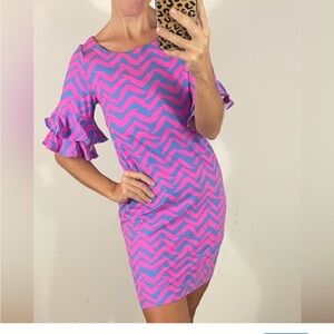 Lilly Pulitzer Size Small Pink and Blue Zigzag Mini Dress with Ruffle Sleeve